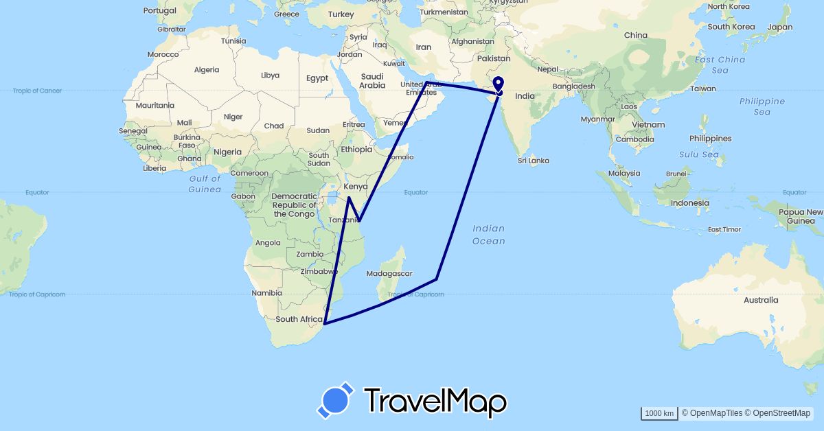 TravelMap itinerary: driving in United Arab Emirates, India, Kenya, Mauritius, Tanzania, South Africa (Africa, Asia)